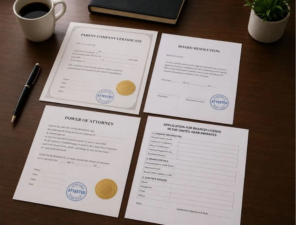 Branch formation documents — parent company certificate board resolution and UAE branch license by Modest Consulting Services Dubai